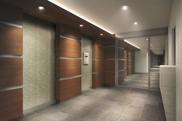 Features of the building.  [Entrance hall] On the wall laid in alternating mosaic tiles woodgrain design and glass material, It directs space beauty with warmth. It is accompanied by a faint light by the ceiling of indirect lighting, Live greeted you gently towards (Rendering)