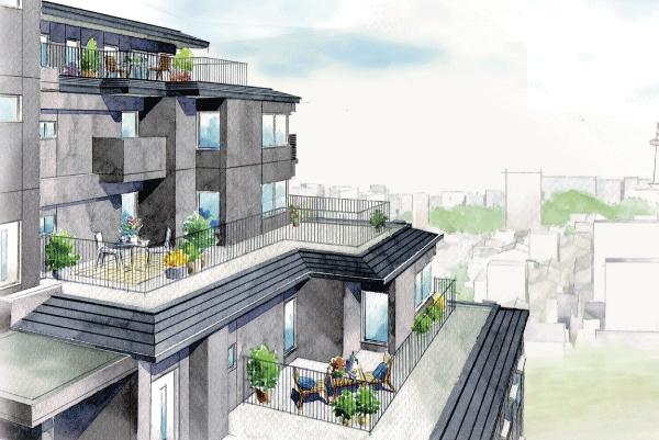 Features of the building.  [roof balcony] Dwelling unit Ya with a roof balcony with excellent view, Terrace + is also provided unique plan such as a dwelling unit with a private garden, You can choose to suit your life style (Rendering Illustration)