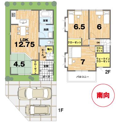 Building plan example (floor plan). Building plan example (4-B) 3LDK, Land price 18,860,000 yen, Land area 65.65 sq m , Building price 16,670,000 yen, Building area 87.77 sq m