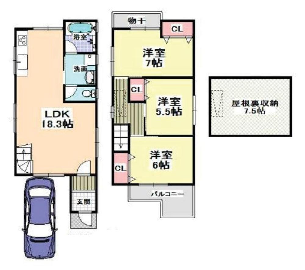 Floor plan. 27.5 million yen, 3LDK, Land area 69.61 sq m , Floor plan of the building area 79.92 sq m 3LDK! The first floor of the living room is 18 Pledge! 