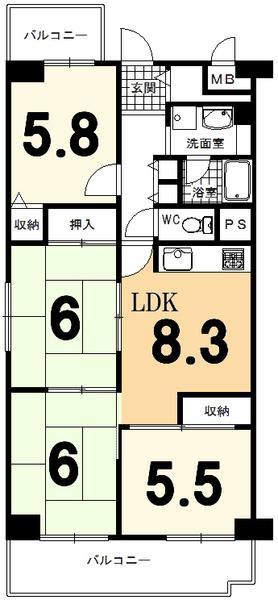 Floor plan. 4DK, Price 14.8 million yen, Footprint 69 sq m , Balcony area 11.61 sq m