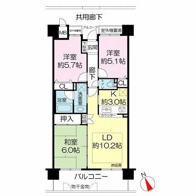 Floor plan. 3LDK, Price 19.9 million yen, Occupied area 64.11 sq m , Bright Saju space in the upper floors of the balcony area 10.8 sq m southwest-facing balcony.