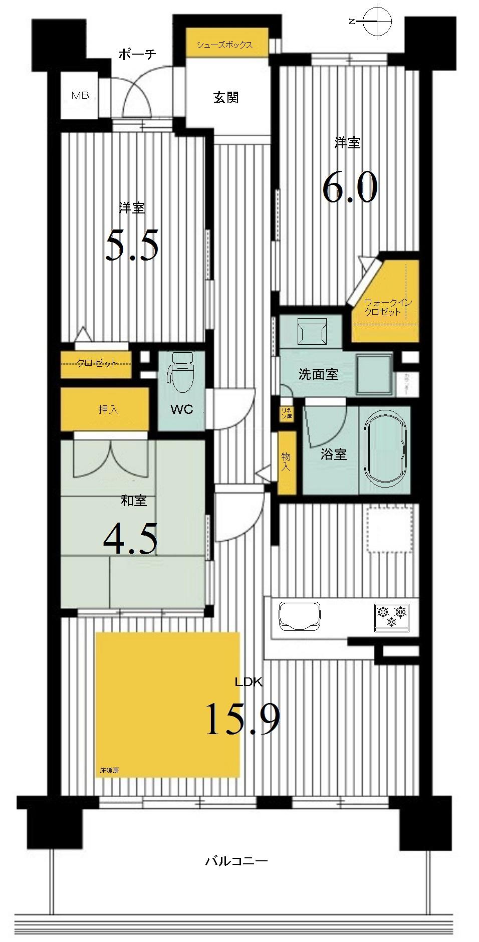 Floor plan. 3LDK, Price 27 million yen, Occupied area 73.09 sq m , Balcony area 11.59 sq m floor plan