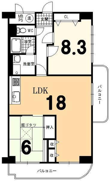 Floor plan. 2LDK, Price 15.8 million yen, Footprint 73.6 sq m , Balcony area 13.02 sq m
