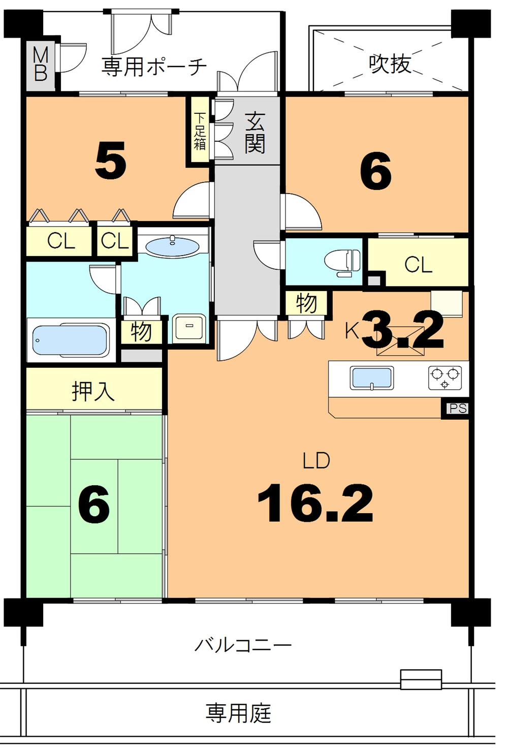 Floor plan. 3LDK, Price 33,800,000 yen, Occupied area 80.59 sq m , Balcony area 15.39 sq m