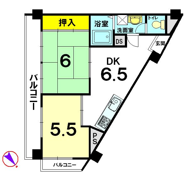 Floor plan. 2DK, Price 9.45 million yen, Occupied area 39.77 sq m , Balcony area 9.24 sq m