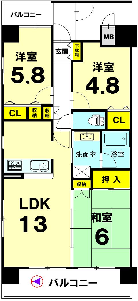 Floor plan. 3LDK, Price 19,800,000 yen, Occupied area 64.21 sq m , Balcony area 14.25 sq m