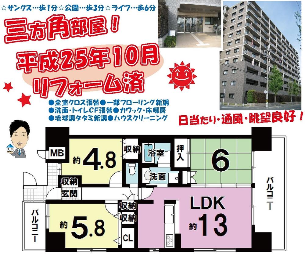 Floor plan. 3LDK, Price 19,800,000 yen, Occupied area 64.21 sq m , Balcony area 14.25 sq m three direction room!
