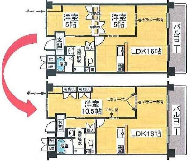 Floor plan. 2LDK, Price 17.8 million yen, Occupied area 57.75 sq m , Balcony area 7.56 sq m
