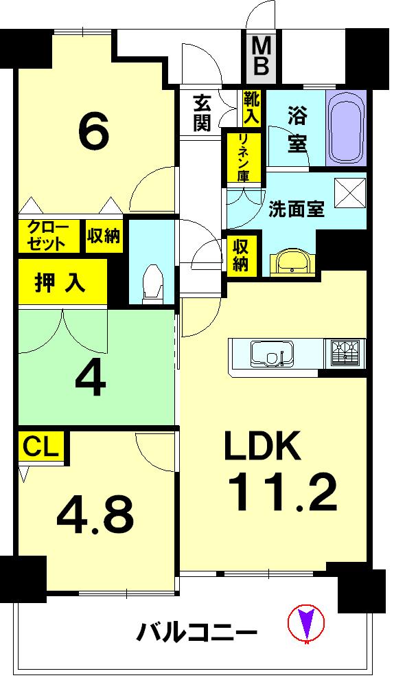 Floor plan. 3LDK, Price 32,800,000 yen, Occupied area 58.58 sq m , Balcony area 9.38 sq m