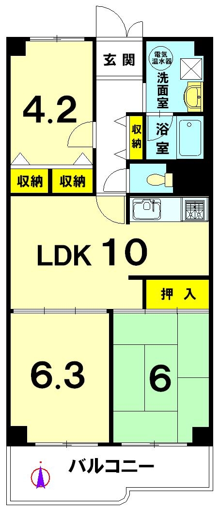 Floor plan. 3LDK, Price 12.8 million yen, Footprint 61.6 sq m , Balcony area 7.6 sq m
