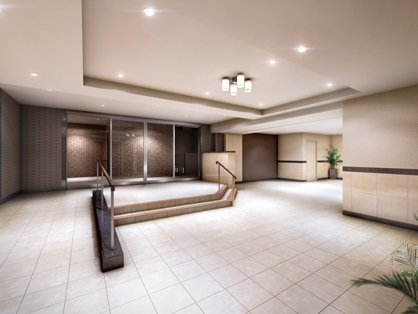 Features of the building.  [Entrance hall] Elegant entrance hall, such as hotels. In the design of sticking to a combination of, such as granite and border tile, Live person is of course represented the heart of hospitality to visitors (Rendering)
