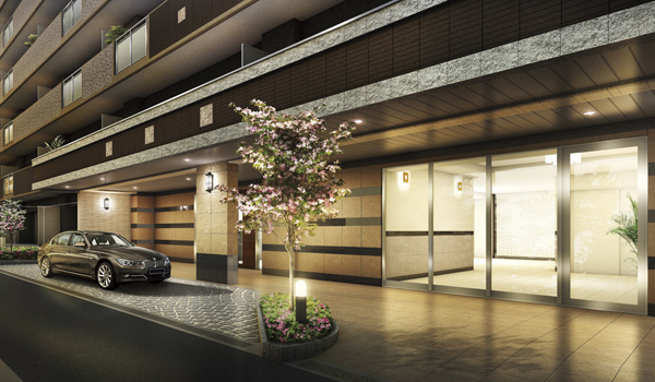 Buildings and facilities. Equipped with a luxurious carriage porch, This entrance approach full of elegance and comfort. Of Exterior design block, etc., It adorned the city with sophisticated design and planting with moisture (Entrance approach Rendering)