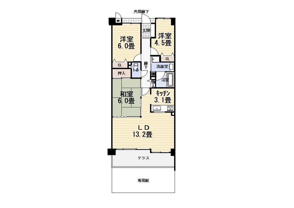 Floor plan. 3LDK, Price 20.8 million yen, Occupied area 72.02 sq m * occupied area 72.02 sq m (center line of wall) * terrace 9.93 sq m * private garden 18 sq m