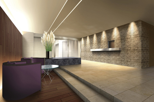 Features of the building.  [Entrance hall] The harmony of the two materials that wood and stone-tone tile, Entrance Hall & lobby that was raised to draw a deep look. The soft light to create the indirect lighting, It produces a space of exceptional calm rest (Rendering)