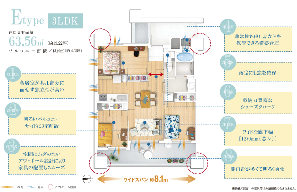 Buildings and facilities. By eliminating wasted space from the house, Spacious live cubic plan has been adopted (cubic plan illustration)