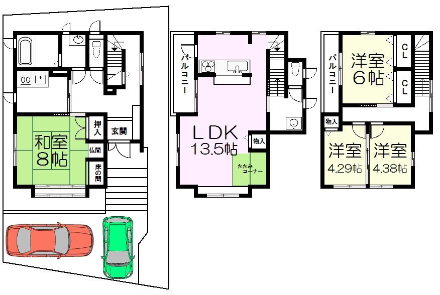 Floor plan. 39,800,000 yen, 4LDK + S (storeroom), Land area 99.5 sq m , Building area 121.57 sq m