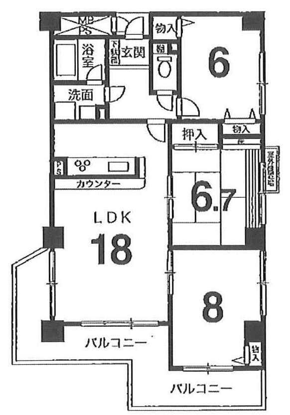 Floor plan. 3LDK, Price 11.5 million yen, Occupied area 88.04 sq m , Balcony area 18.46 sq m