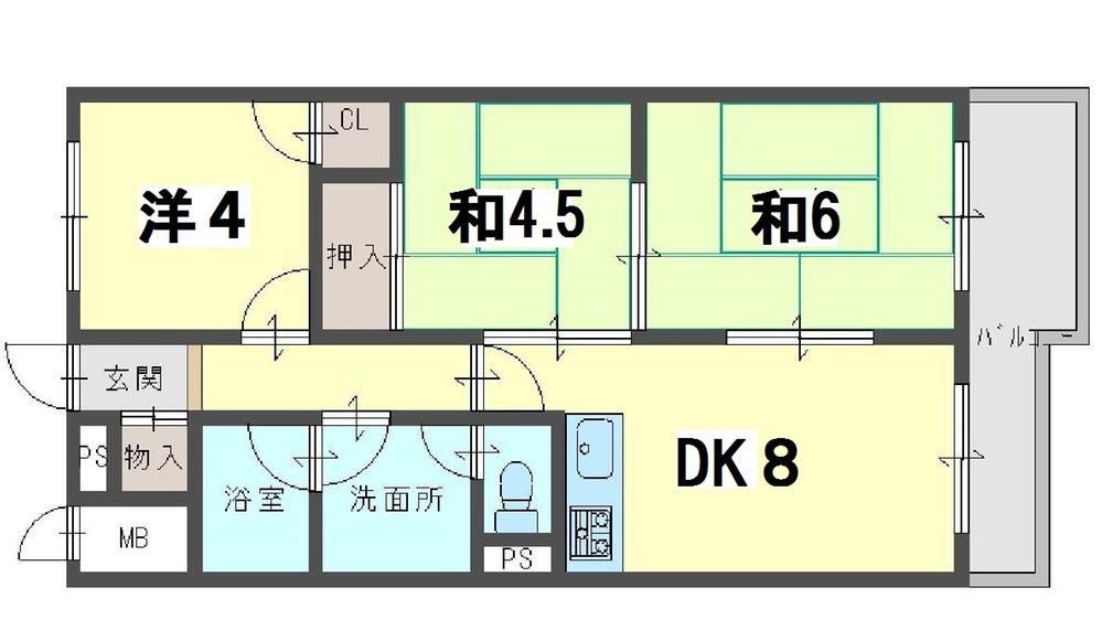 Floor plan. 3DK, Price 8.8 million yen, Footprint 54 sq m , Balcony area 6.99 sq m