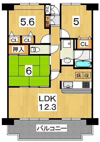 Floor plan. 3LDK, Price 13.8 million yen, Occupied area 68.34 sq m , Balcony area 12.48 sq m