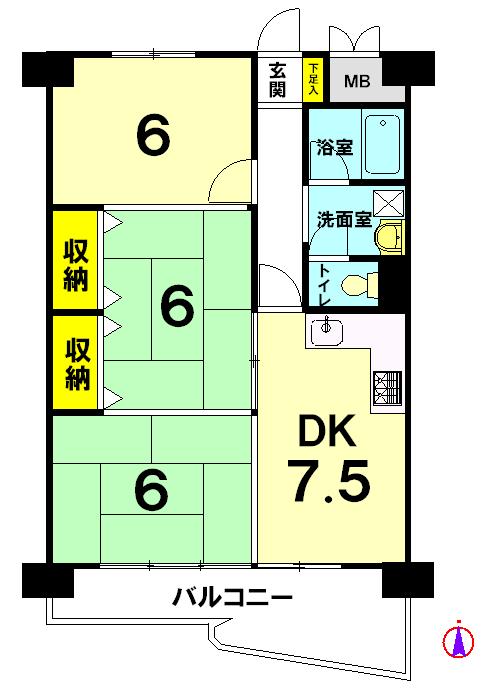 Floor plan. 3DK, Price 6.8 million yen, Occupied area 54.48 sq m , Balcony area 8.43 sq m