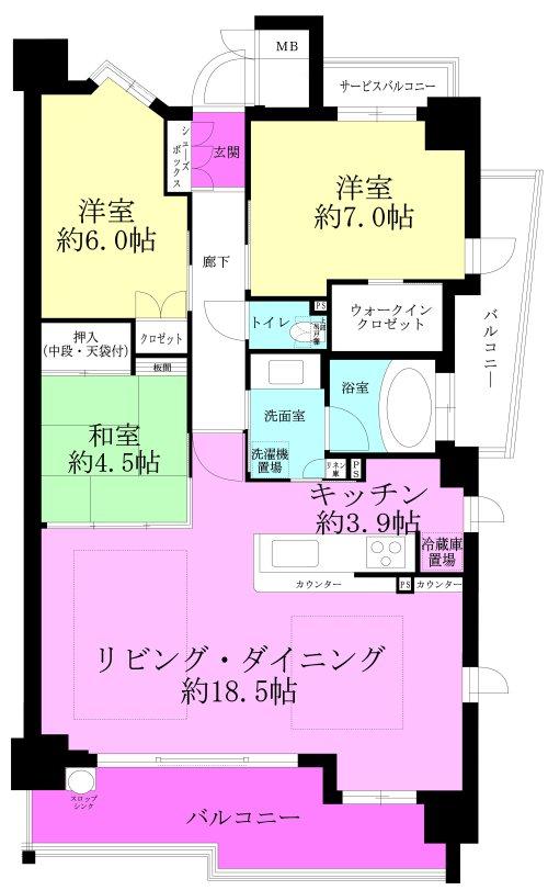 Floor plan. 3LDK, Price 42 million yen, Occupied area 84.81 sq m , Balcony area 15.88 sq m