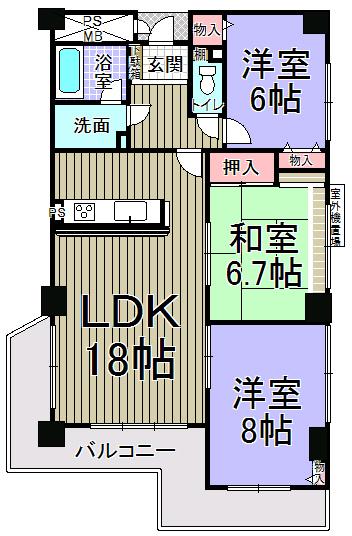 Floor plan. 3LDK, Price 11.5 million yen, Occupied area 88.04 sq m , Balcony area 18.46 sq m