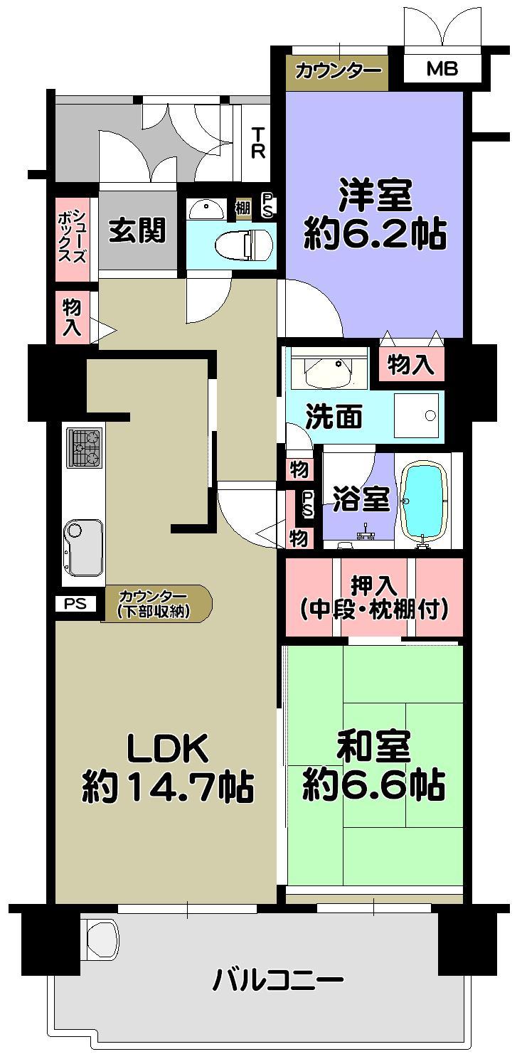 Floor plan. 2LDK, Price 43,800,000 yen, Footprint 69 sq m , Balcony area 12 sq m
