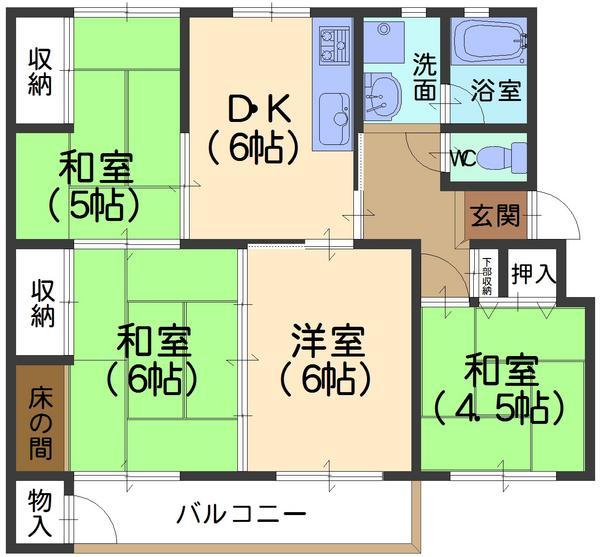 Floor plan. 4DK, Price 6.5 million yen, Footprint 62.6 sq m , Balcony area 7.7 sq m
