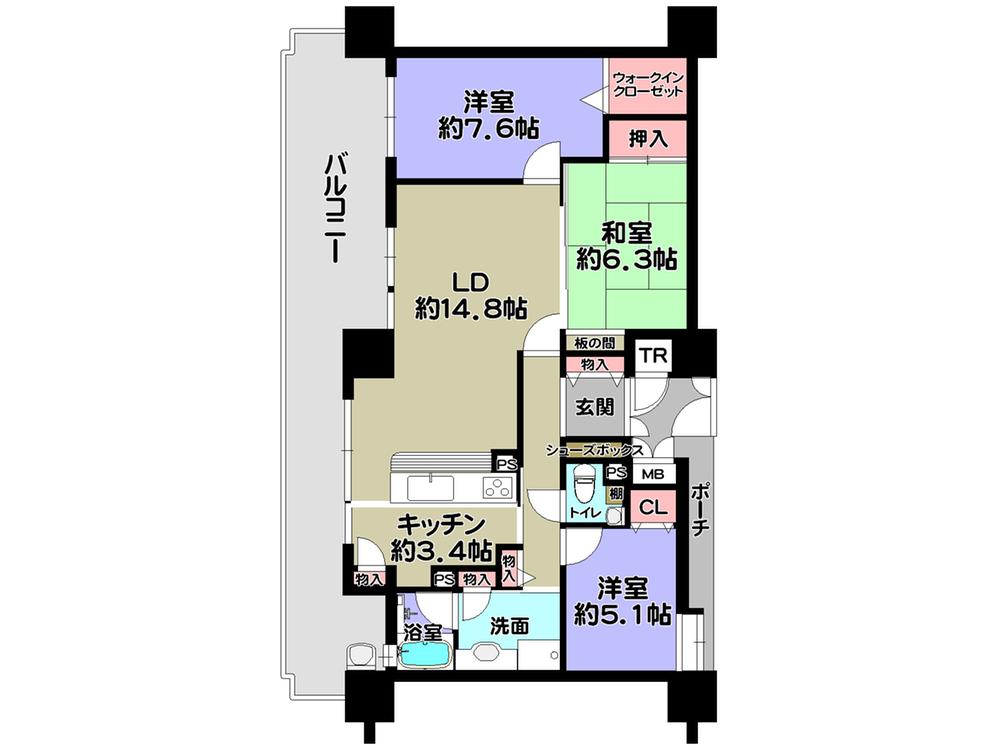 Floor plan. 3LDK, Price 49,800,000 yen, Occupied area 86.77 sq m , Balcony area 24.7 sq m