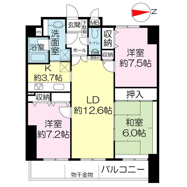 Floor plan. 3LDK, Price 19,800,000 yen, Occupied area 83.46 sq m , 3LDK of balcony area 11.61 sq m room A Japanese-style room 6 quires of duckboard Door of the balcony side double sash