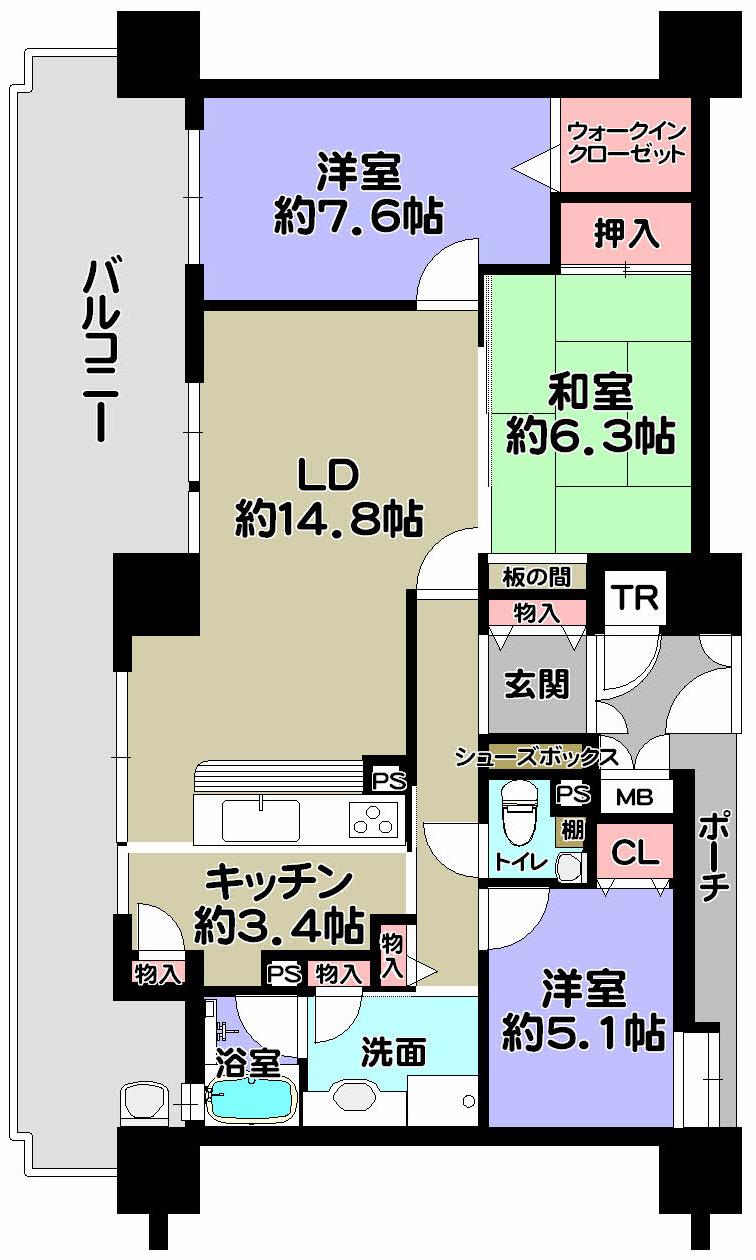 Floor plan. 3LDK, Price 54,800,000 yen, Occupied area 86.77 sq m , Balcony area 24.7 sq m