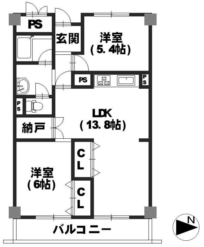 Floor plan. 2LDK, Price 9.8 million yen, Occupied area 59.85 sq m , The balcony area 7.56 sq m living next to a property that also has storage capacity closet.