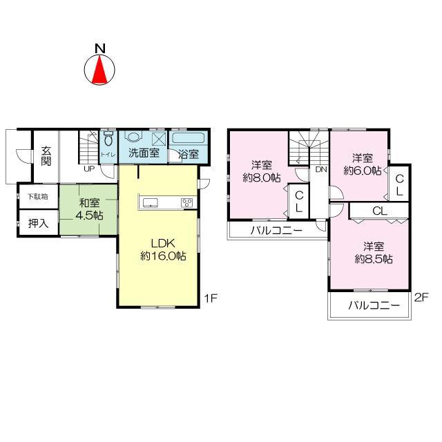 Floor plan. 34,800,000 yen, 4LDK + S (storeroom), Land area 112.57 sq m , Building area 103.69 sq m shoes cloak Ceiling storage Car two possible parking Popular face-to-face counter kitchen