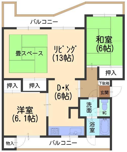 Floor plan. 2LDK, Price 12.5 million yen, Occupied area 61.15 sq m , Balcony area 15 sq m