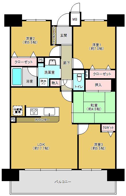 Floor plan. 4LDK, Price 27.5 million yen, Occupied area 85.59 sq m , Balcony area 14.82 sq m