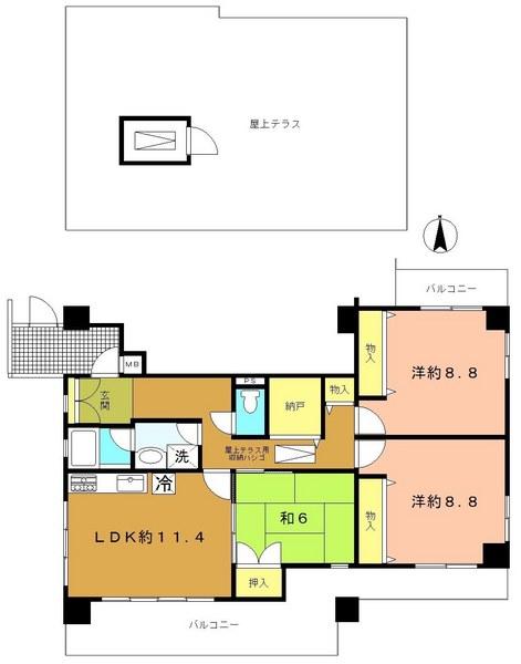 Floor plan. 3LDK + S (storeroom), Price 18.5 million yen, Footprint 91.2 sq m , Balcony area 24.08 sq m