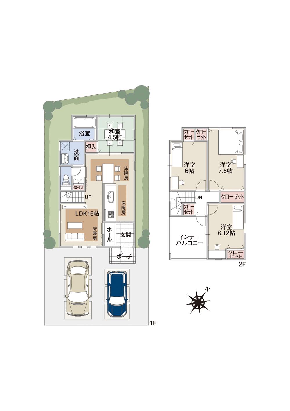 Building plan example (floor plan). Building plan example (No. 1 land A plan) 4LDK, Land price 17,545,000 yen, Land area 100 sq m , Building price 15,764,000 yen, Building area 91.12 sq m