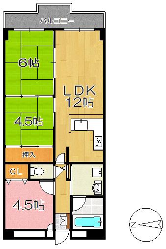 Floor plan. 3LDK, Price 13.5 million yen, Occupied area 63.65 sq m , Family type of balcony area 7.26 sq m 3LDK
