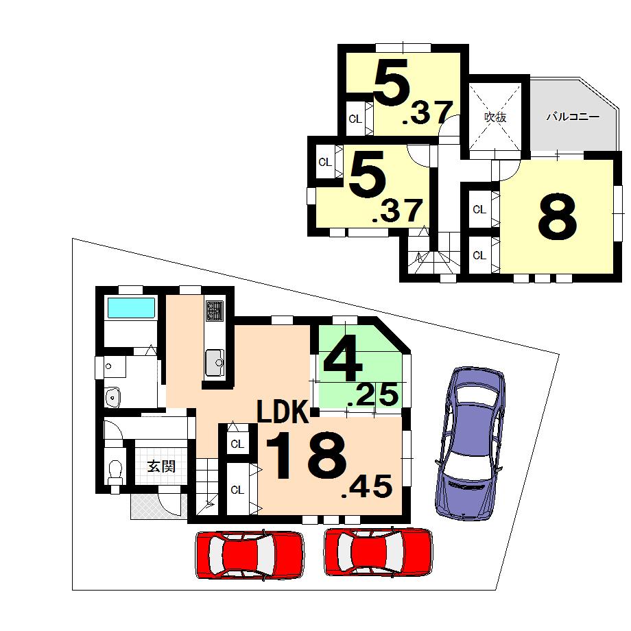 Compartment view + building plan example. Building plan example, Land price 18,218,000 yen, Land area 122.89 sq m , Building price 2,000 yen, Building area 93.82 sq m 13 issue areas Building price 16,049,600 yen