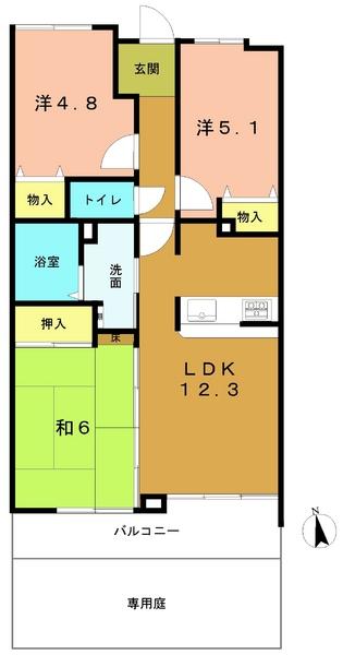 Floor plan. 3LDK, Price 12.5 million yen, Footprint 58.8 sq m , 3LDK of balcony area 8.28 sq m private garden.