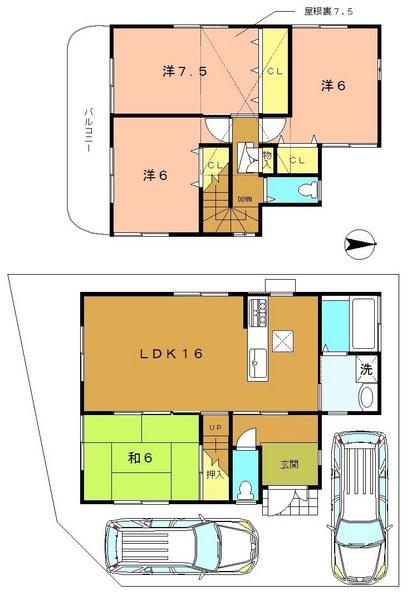 Floor plan. 32,800,000 yen, 4LDK, Land area 106.19 sq m , It is a building area of ​​97.71 sq m southeast corner lot. 