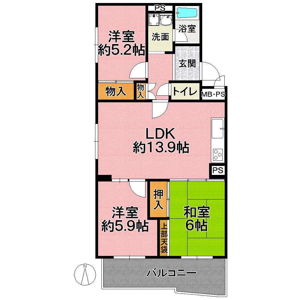 Floor plan. 3LDK, Price 4.9 million yen, Occupied area 72.09 sq m , Balcony area 8.32 sq m