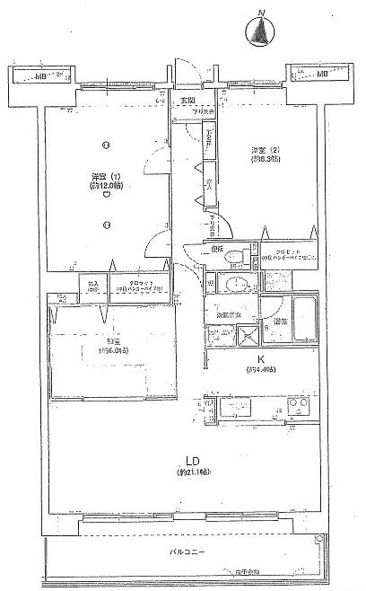 Floor plan. 3LDK, Price 12.5 million yen, Footprint 100.44 sq m , Balcony area 15.59 sq m
