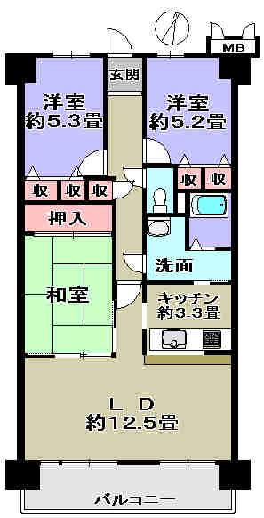 Floor plan. 3LDK, Price 13.5 million yen, Footprint 76.2 sq m , Balcony area 10.59 sq m