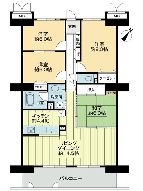 Floor plan. 4LDK, Price 13.8 million yen, Footprint 100.44 sq m , Balcony area 15.51 sq m