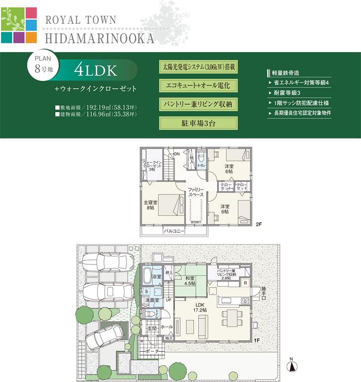 Floor plan.  [No. 8 locations] So we have drawn on the basis of the Plan view] drawings, Plan and the outer structure ・ Planting, such as might actually differ slightly from.  Also, Although 1F furniture is included in the price, Other furniture ・ Car, etc. are not included in the price. 