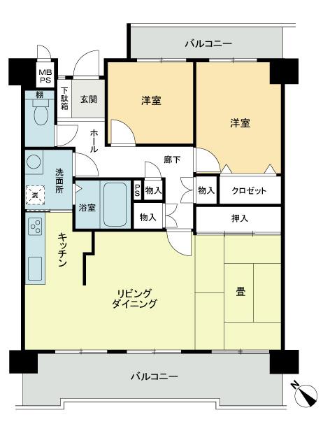 Floor plan. 2LDK, Price 9.9 million yen, Occupied area 71.25 sq m , Balcony area 14.77 sq m