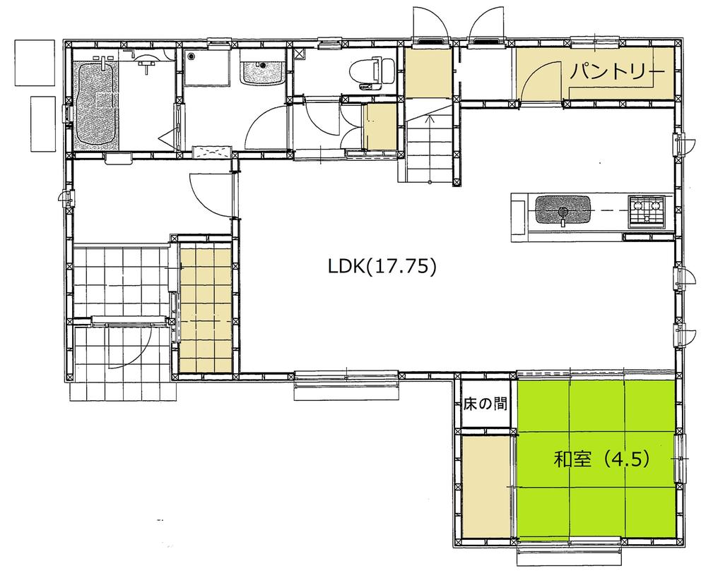 Building plan example (Perth ・ Introspection). Spacious You can distinguish the spatial and healing space in LDK17.75 Pledge and the Japanese-style room 4.5 Pledge. Is plenty of storage in the pantry and entrance cloak. 