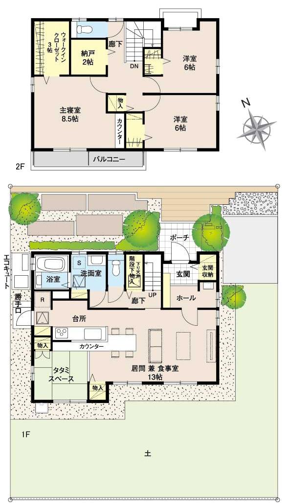Floor plan.  [No. 9 areas] So we have drawn on the basis of the Plan view] drawings, Plan and the outer structure ・ Planting, such as might actually differ slightly from.  Also, Furniture is not included in the price. 
